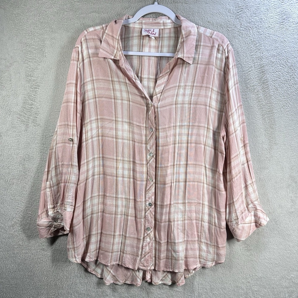 Hester & Orchard Button Front Tunic Size Xl Pink Plaid Lightweight Rayon